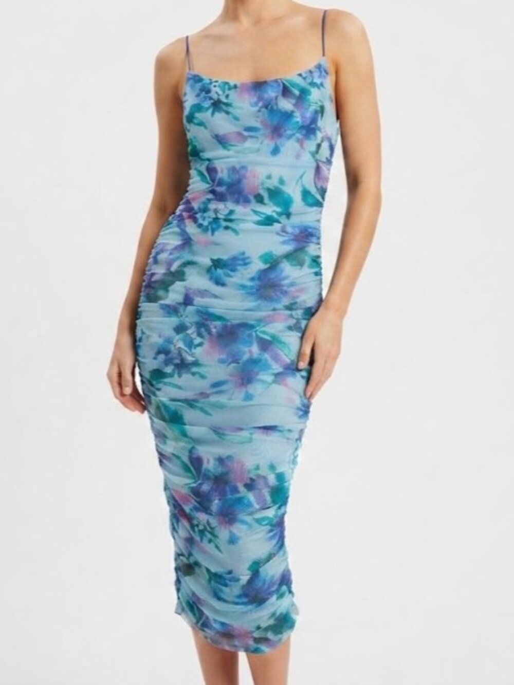 Aqua Blue Floral Cowl Midi Slip Dress